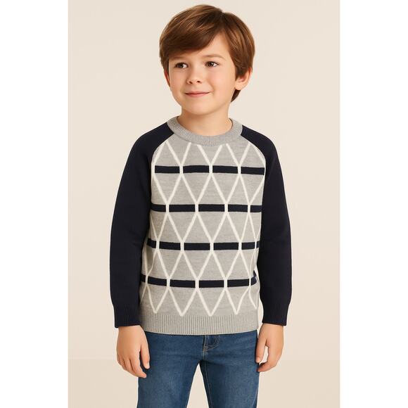Jacadi Paris Boys Sweater Size 12A (12y) Geometric Wool Blend Navy Gray Pullover - Picture 1 of 6